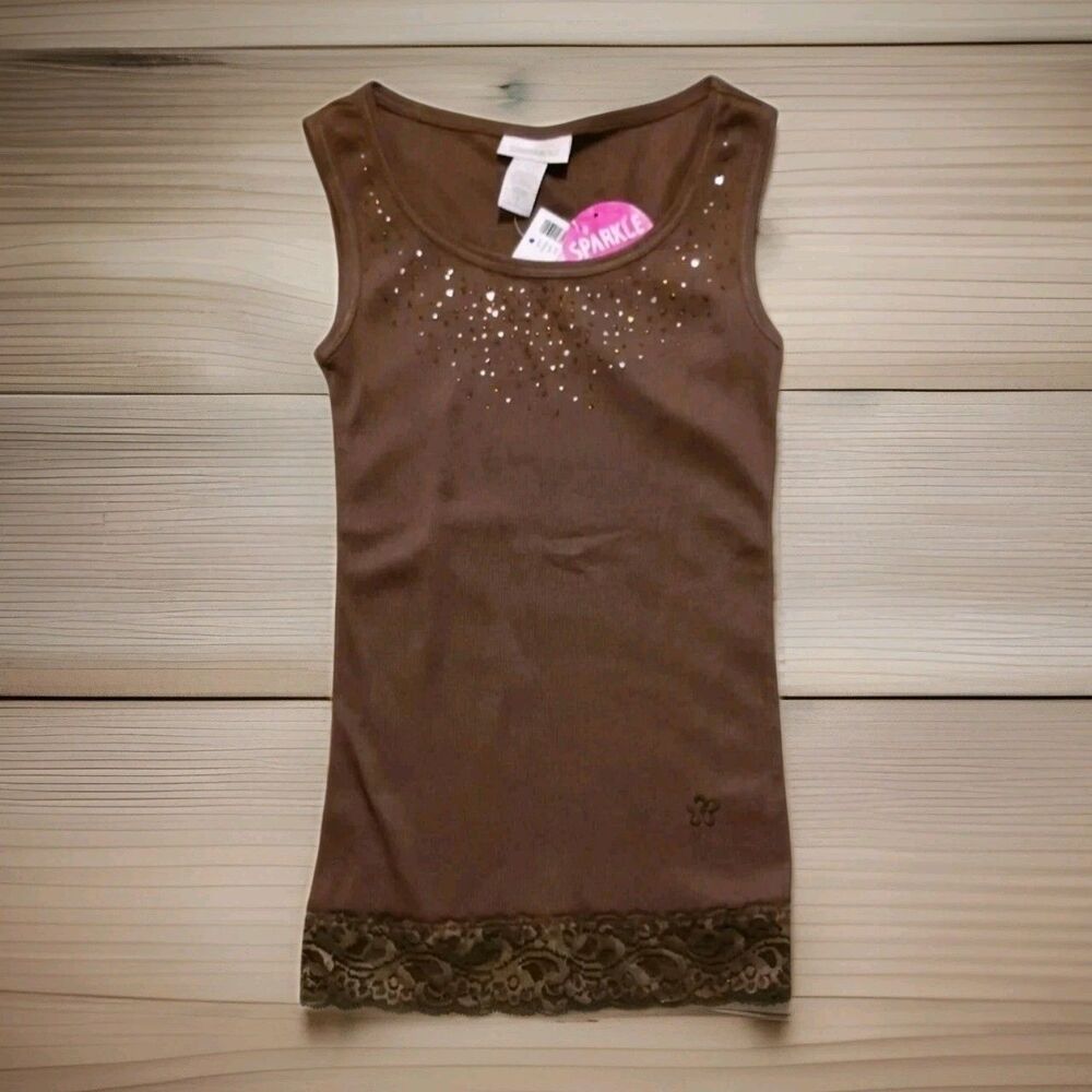 Limited Too Girls Brown Ribbed Tank Top Sparkle Rhinestones Lace Trim Size 7 NWT